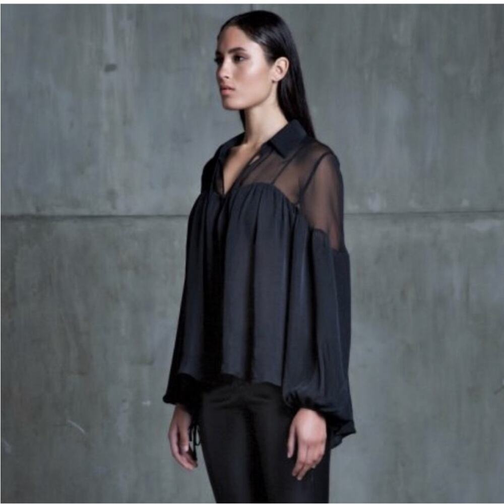 SEN Talisa 100% Silk Chiffon Tie Front V Neck Balloon Sleeve Blouse Small